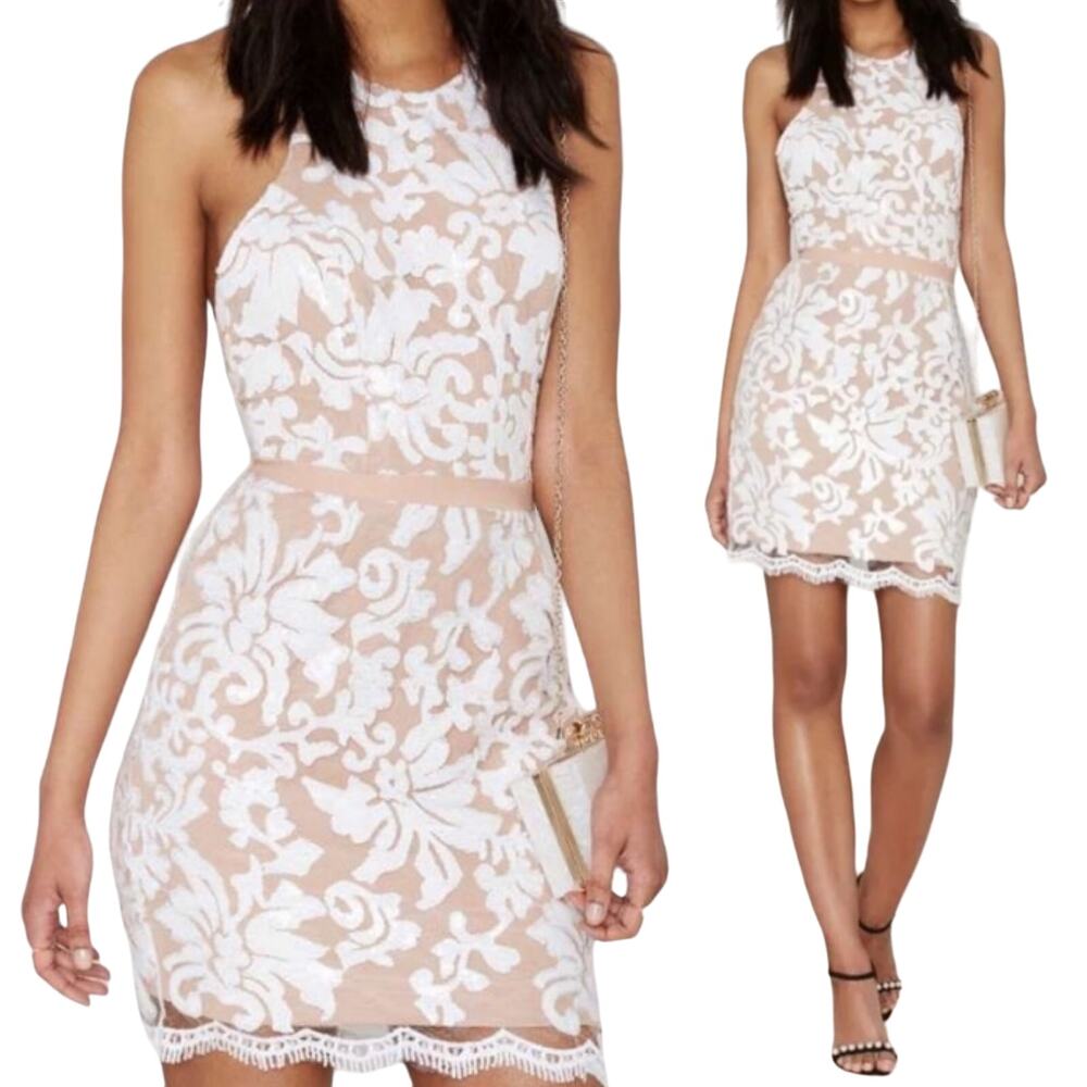 Dress the Population Scarlet Sequin Dress Embroidered Floral Halter Mini White S